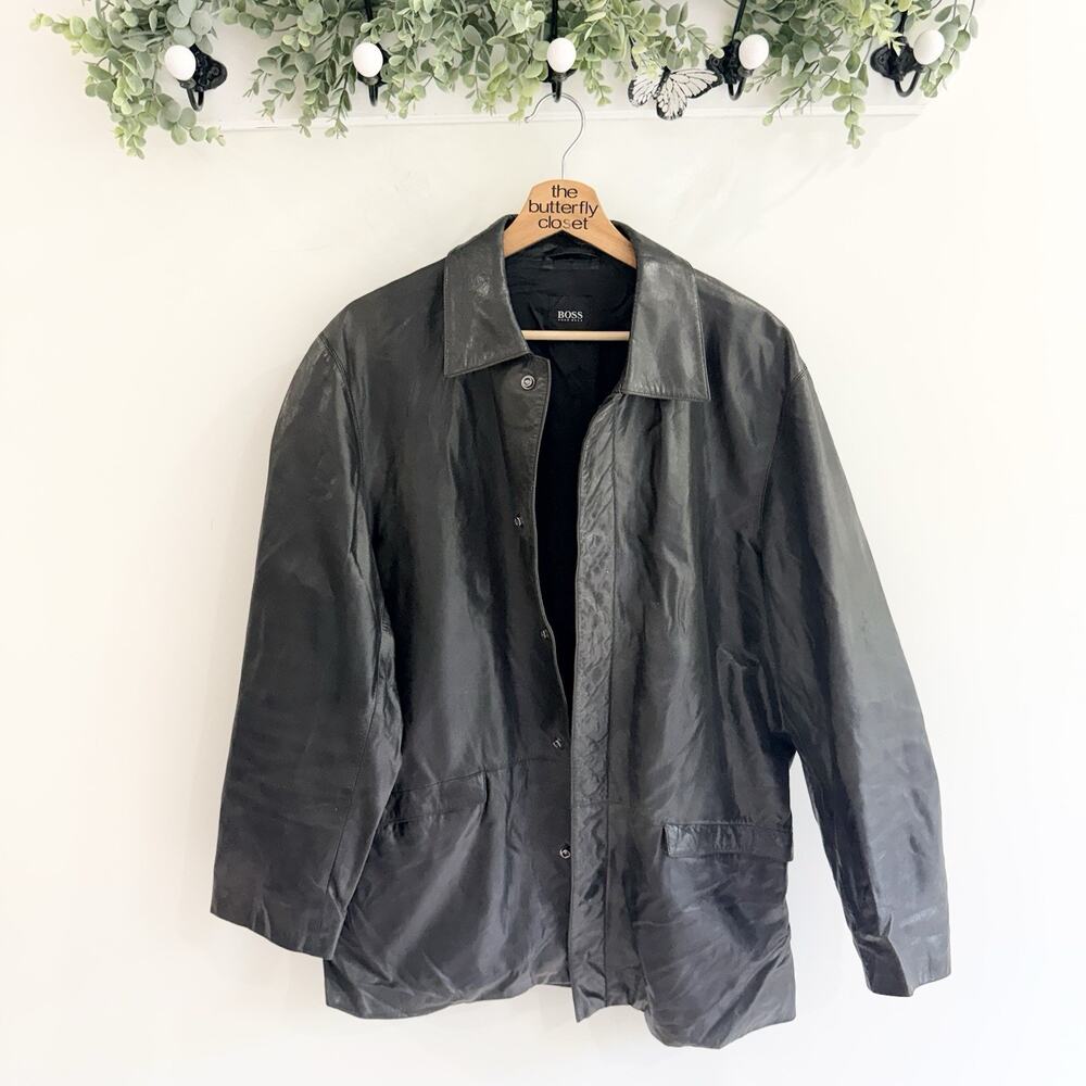 VINTAGE Boss Hugo Boss Black Leather Jacket Collared Size M 65035